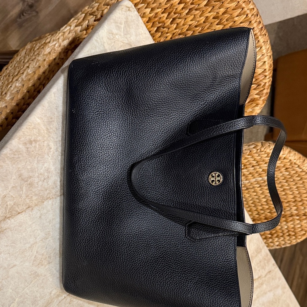Tory Burch Black Leather Tote with cream (very clean) EUC with TB storage bag